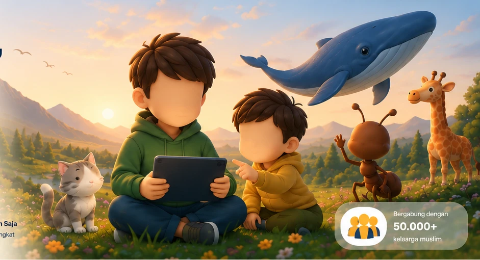Dua anak belajar dengan tablet di alam penuh petualangan